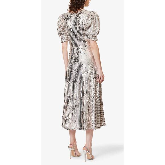 ROTATE Birger Christensen Sierina Silver Sequin Midi Dress Puff Sleeve Party Sm - Picture 8 of 16